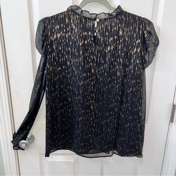 DKNY Long Sleeve Ruffle Black & Gold Blouse size Large w keyhole button closure - Picture 8 of 11
